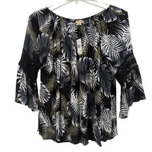 NWT Studio West Apparel Black Tropical Leaf Print Smocked Bell Sleeve Top Size S
